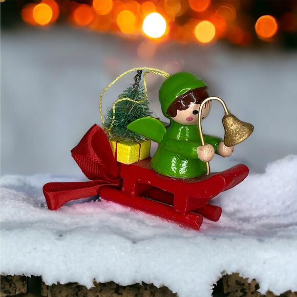 Vintage Wooden Angel on a Sled With a Bell Tree and Gifts Christmas Ornament - Picture 1 of 8